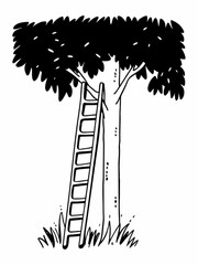 Minimilist illustration of a tree with dense foliage and a ladder leaning against the trunk in black and white style vector