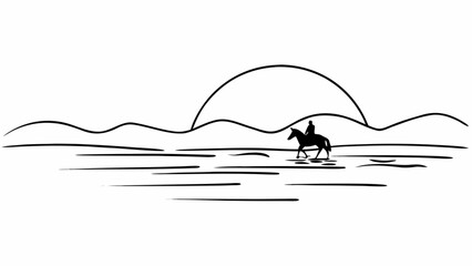 Minimilist silhouette of a horse rider in a landscape with hills and a setting sun in a minimalist style drawing vector