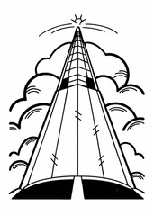 Minimilist illustration of a towering structure reaching towards the sky surrounded by stylized clouds and a star vector