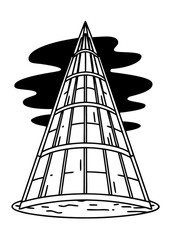 Minimilist illustration of a tall cone shaped structure with horizontal bands and a dark cloud behind it vector