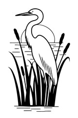 Minimilist a black and white illustration of a heron standing in tall grass near a body of water with a sun behind it vector
