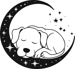 Dog sleeping inside a circular frame of stars, representing peace and loyalty, minimalist cosmic line art 2