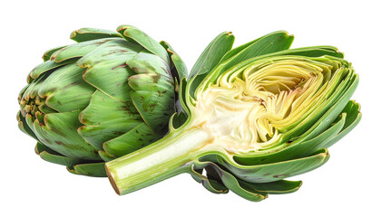 A whole and halved artichoke showing green leaves and textured interior