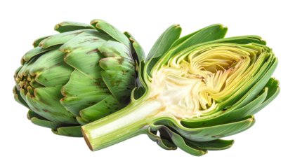 A whole and halved artichoke showing green leaves and textured interior