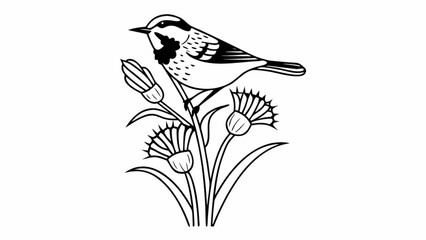 Minimilist illustration of a bird perched on a flower with detailed line work and contrasting black and white design vector
