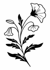 Minimilist illustration of a blooming flower with leaves and stem in black and white style line art design vector