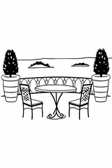Minimilist illustration of outdoor cafe scene with table chairs potted plants and distant landscape view design vector