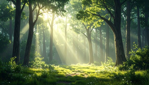 Sun streams through a vibrant forest, illuminating a path covered with grass and light in the depths of trees - Powered by Adobe