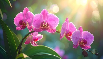 Sun-kissed magenta orchids bloom, softly blurred background of green foliage and gentle light creates serene vibe