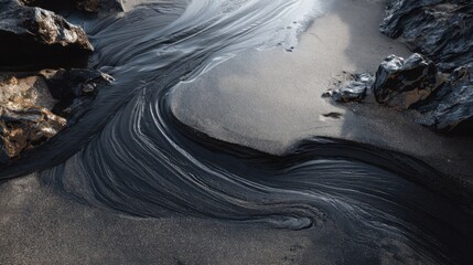 Dark Volcanic Sand Patterns Created by Flowing Water