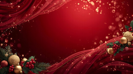Festive holiday background with red flowing fabric, gold ornaments, holly berries, and pine branches creating a warm, celebratory atmosphere.