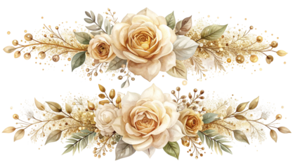 Two floral arrangements, roses and foliage, in warm cream and gold tones