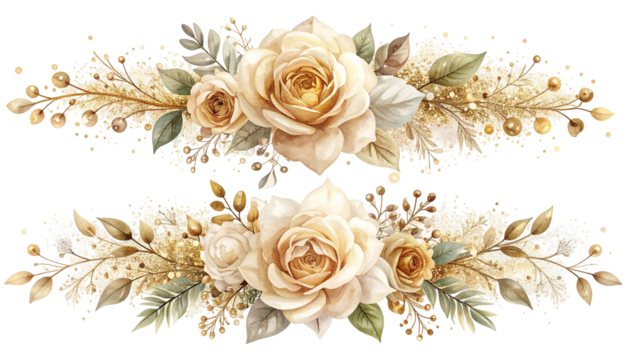 Two floral arrangements, roses and foliage, in warm cream and gold tones