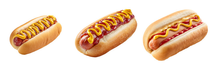 Three hot dogs with mustard and ketchup toppings on buns isolated on a transparent background sausage