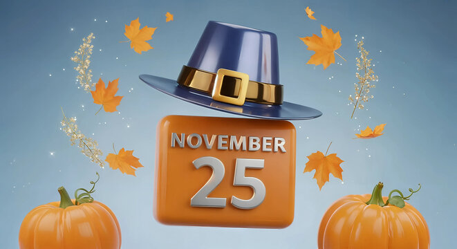 Thanksgiving holiday concept with pilgrim hat on calendar date november 25, pumpkins and autumn leaves