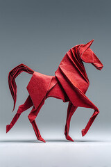 AI-generated red origami unicorn in dynamic pose on gradient background