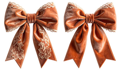 Two velvet bows, one with lace, in a warm orange hue, on a black backdrop