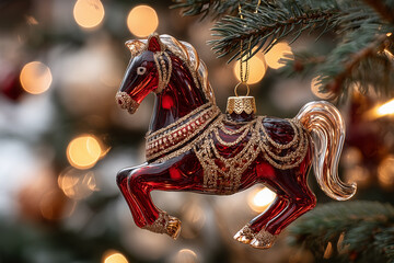 Ornate red glass carousel horse ornament hanging from Christmas tree