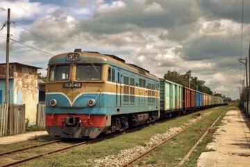 Obraz premium Aged Diesel Locomotive and Cargo Train in Ruined Landscape
