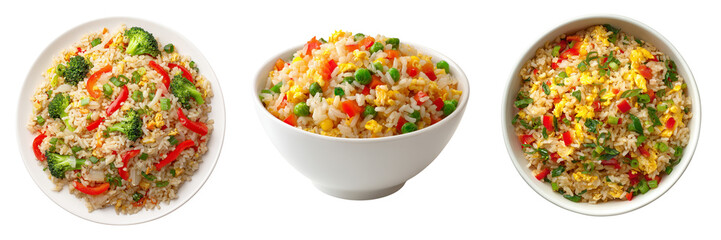 Three bowls of fried rice with vegetables and egg isolated on a transparent background food meal