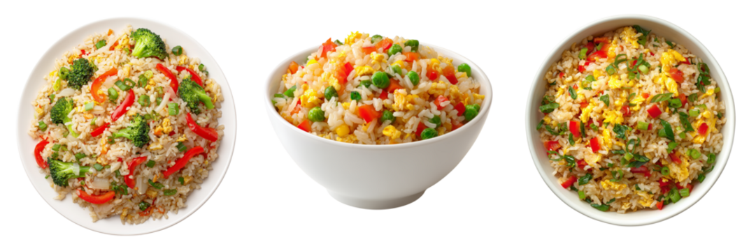 Three bowls of fried rice with vegetables and egg isolated on a transparent background food meal - Powered by Adobe