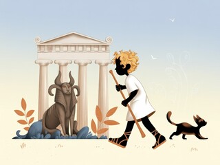 Boy Exploring Ancient Temple with Sphinx and Cat