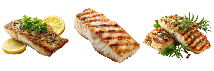 Grilled fish fillets with lemon slices and fresh herbs isolated on a transparent background seafood food