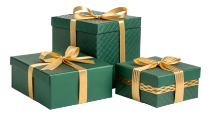 Green gift boxes with golden ribbon isolated on white
