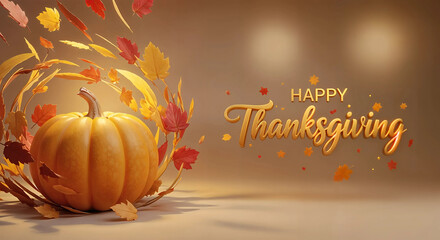 Happy thanksgiving greeting with a pumpkin and autumn leaves swirling around it
