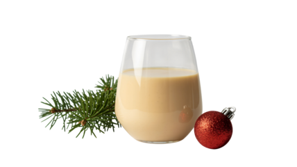 Savor the rich, creamy holiday delight of eggnog with a festive pine branch and shimmering red ornament creating a perfect winter celebration drink
