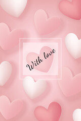 Vector greeting card with soft pastel hearts and With love lettering inside a translucent frame on a pink background. Perfect for Valentine’s Day, romantic messages, invitations, social media, posters