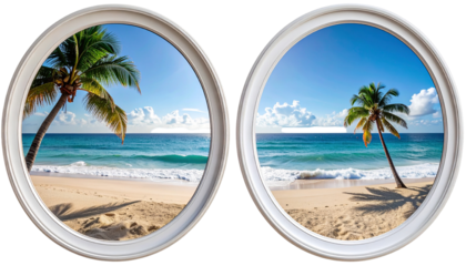 Twin framed beach views with palms, blue water, and sandy shorelines