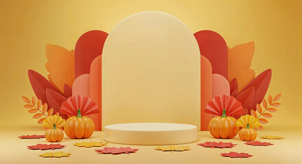 Autumnal scene with pumpkins and leaves around a display podium, perfect for fall promotions