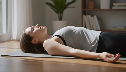 Relaxing Yoga Pose, Peaceful Woman Meditation, Stress Relief at Home
