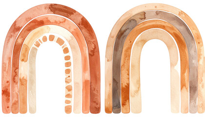 Two watercolor rainbows in warm, earthy tones with detailed arches