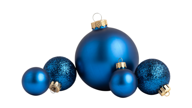 Elegant collection of deep blue Christmas baubles in various sizes with glitter and matte finishes, perfect for festive holiday decor and seasonal design projects