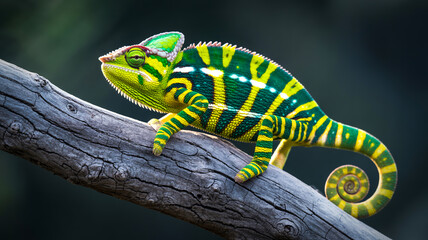 A close-up photograph of a vibrant chameleon perched on a textured gray tree bran
