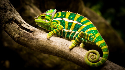 A close-up photograph of a vibrant chameleon perched on a textured gray tree bran