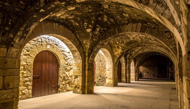 Stone arched corridor with wooden doors, leading into the darkness