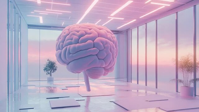 Meditating brain in peaceful yoga studio overlooking ocean