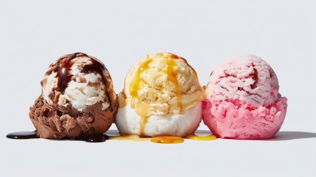 Three vibrant scoops of ice cream sit together, showcasing rich chocolate, creamy vanilla, and playful strawberry. Sunlight enhances the colors, inviting everyone to enjoy this sweet treat - Powered by Adobe