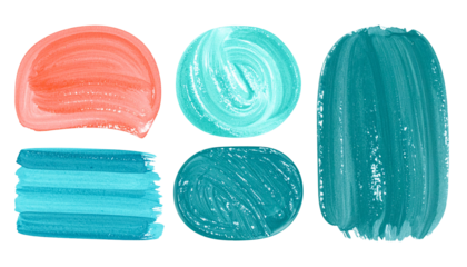 Six vibrant, abstract paint strokes in coral and teal hues, against black