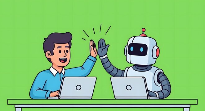Cartoon depiction of a man and a robot high fiving while working on laptops with green background