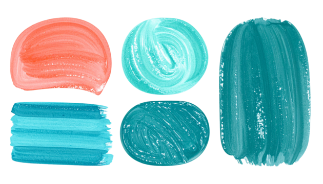 Six vibrant, abstract paint strokes in coral and teal hues, against black