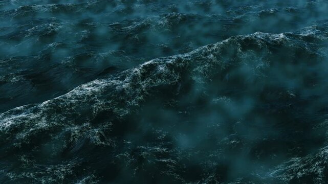 Stormy ocean at night, towering waves massive dark sea under low clouds, churning surf and foam, mist rising