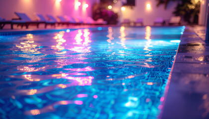 Neon Lights Reflecting on Pool Water at Night in a Luxury Resort