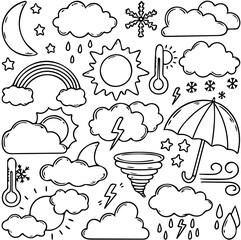 Obraz premium Whimsical Hand-Drawn Weather Icons Collection Sun, Clouds, Rain, Snow, Rainbows, and More Doodled Climate Elements for Creative Design Projects and Educational Resources
