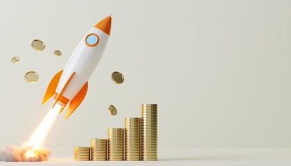 A rocket launching with coins flying and stacks of money growing, symbolizing rapid financial growth and investment success.