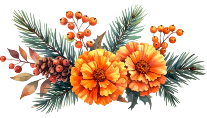 Watercolor floral arrangement orange blooms, berries, pine, and autumnal leaves