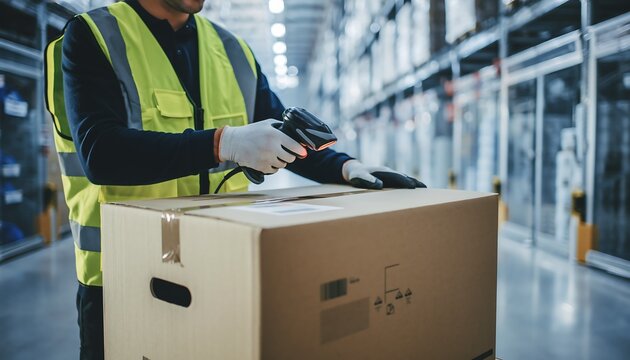 Warehouse worker efficiently scanning a package in a modern logistics center for inventory management - Powered by Adobe